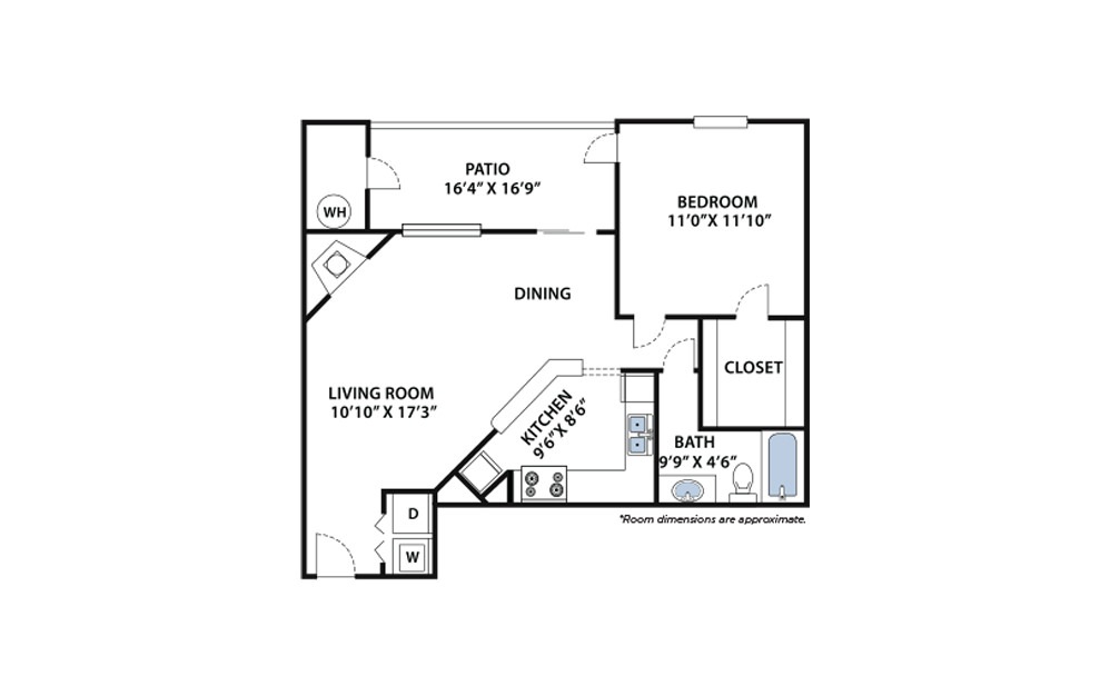 Wildwood - 1 bedroom floorplan layout with 1 bath and 700 square feet.