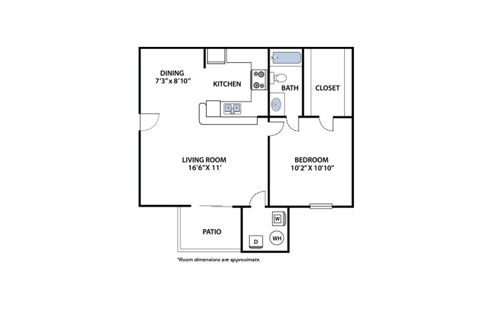 Juniper - 1 bedroom floorplan layout with 1 bath and 600 square feet.