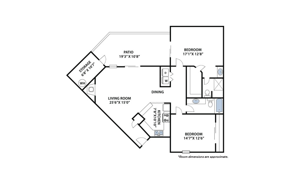 Timber - 2 bedroom floorplan layout with 2 baths and 1010 square feet. Timber - 2 bedroom floorplan layout with 2 baths and 1010 square feet.